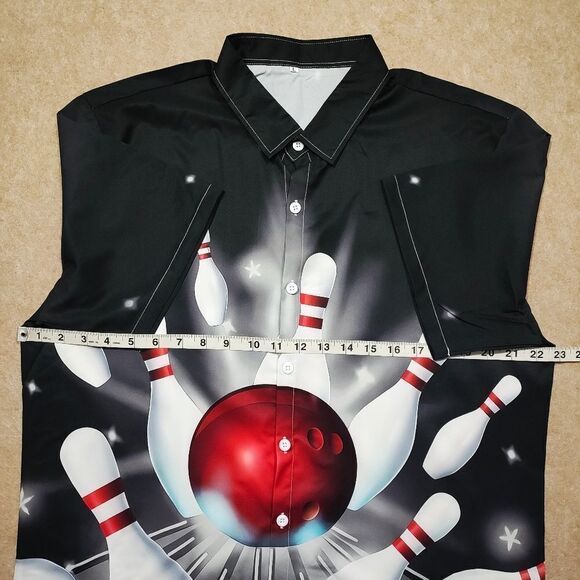 Bowling Graphic Black Button Down Short Sleeve Shirt #4 - Picture 4 of 6
